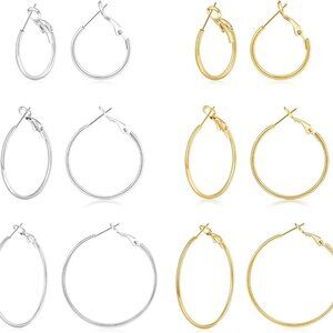 Set of 6 Small Gold and Silver Hoop Earrings in Various Sizes, Hypoallergenic St